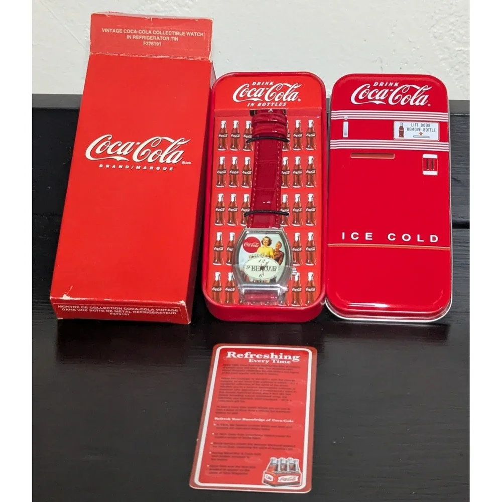 Vintage Coca Cola Red Band Watch in Original Refrigerator Tin‎ Box and Packaging